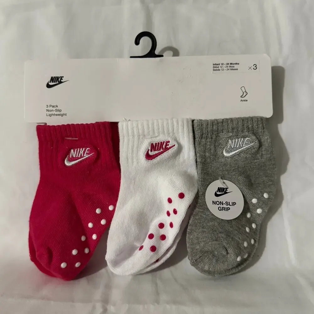 Nike Baby 3 Pk Pink White Grey Ankle No Slip Embroidery Logo Sock Set Sz 12-24 M